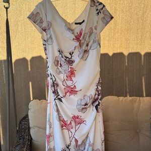 White House Black Market Cream Ruched Wrap Midi Dress with Cowl Neck